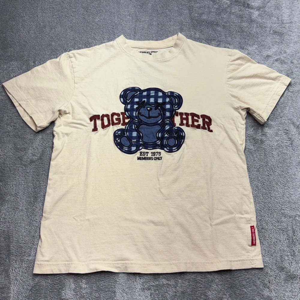 Members Only T-Shirt Mens Medium Beige Excellent Plaid Teddy Bear Graphic Tee